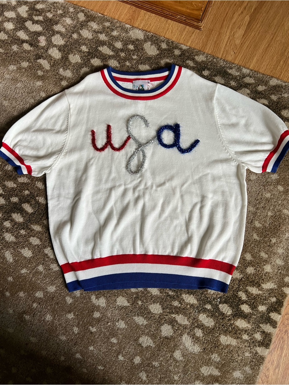 QUEEN OF SPARKLES USA White Crewneck Sweater with Red, Silver & Blue Trim